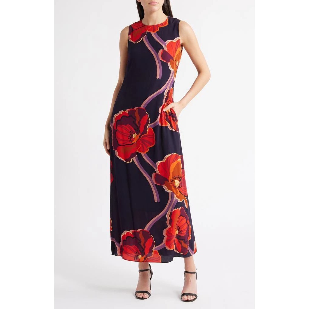 Nwt Lost + Wander Black Red Poppy Iris Floral Sleeveless Maxi Dress Pocket Small